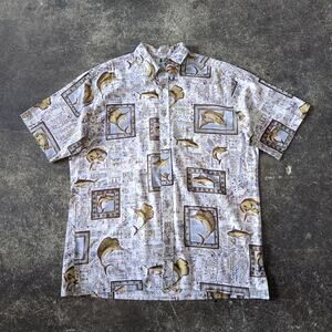 Vintage Bluewater Hawaiian Shirt Mens XL USA Tan Blue Marlin Swordfish AOP